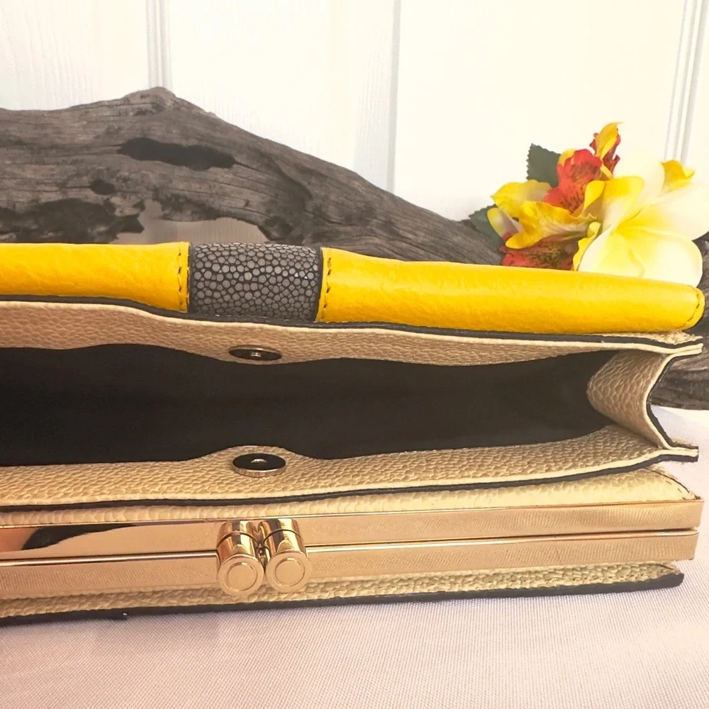 REBECCA MINKOFF ~ Cream Clutch w/Yellow and Gray Accents Gold Toned Hardware